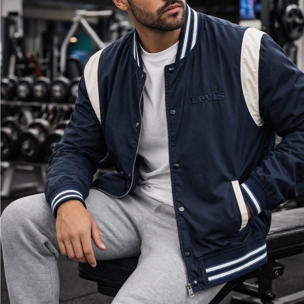 Levi's Navy Bomber Jacket with White Shoulder Stripes